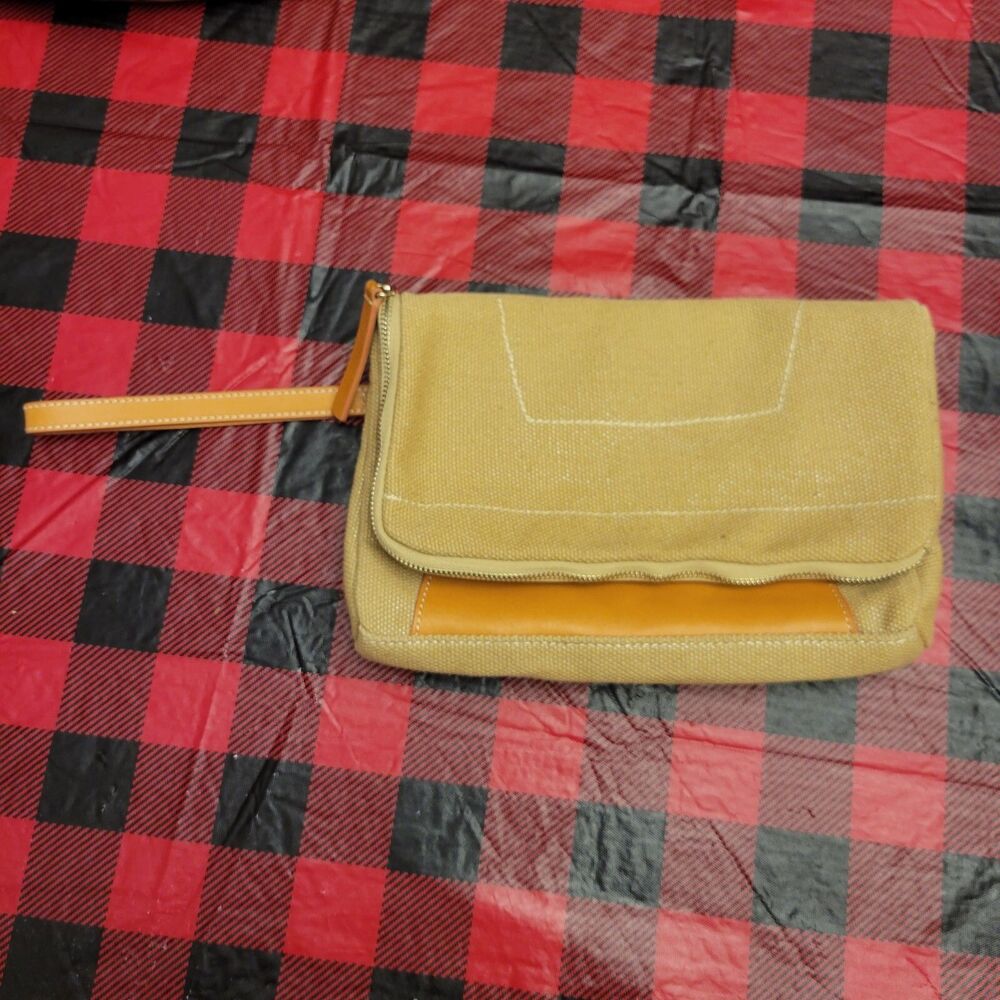 J. McLaughlin Foldover Textured Fabric Wristlet Clutch Wrist Tan Brown Great